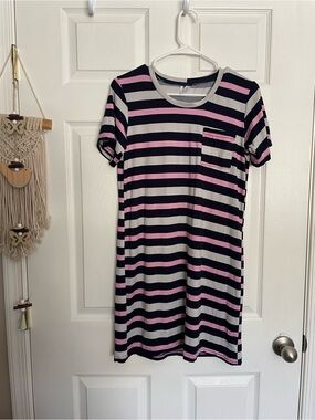 Real Essentials size Small Navy, Grey & Pink Striped Tee Dress